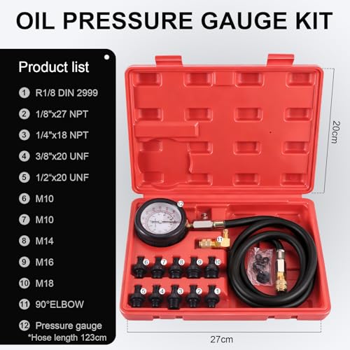 Oil Pressure Tester Kit, 0–140 PSI Engine Oil Pressure Gauge with Hose & Brass Adapters, Automotive Diagnostic Tool for Cars, Motorcycles, Small Diesel Engines, with Storage Case (red) red