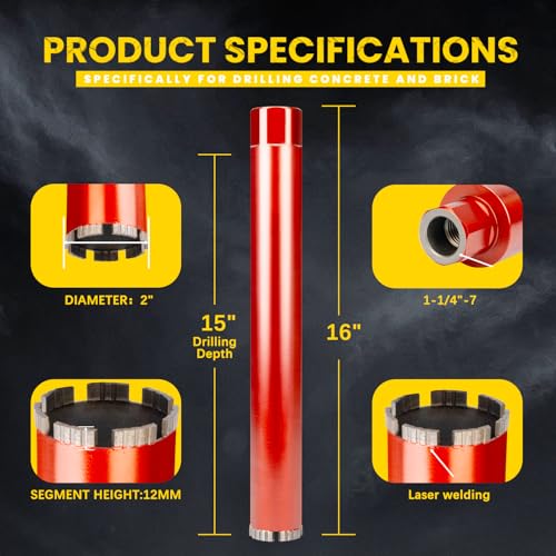 RDT 2" Diamond Drill Core Bits for Concrete Masonry Brick and Stone, Laser-Welded Wet Drill Bit, 14" Drilling Depth, 1-1/4"-7 Arbor, for Construction & DIY Home Renovation 2 inch Upgraded