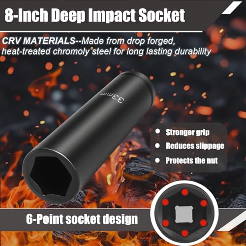 1 Inch Driver 33mm Deep Impact Socket, 8" Extra Long, 6 Point Cr-Mo