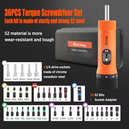 Sanliang 36Pcs Torque Screwdriver Wrench Driver Set 10-70 Inch Pounds lbs with 29 S2 Bits，5 Drive Sockets ，1/4" Socket Adapter for Maintenance,Tools, Bike Repairing and Mounting.