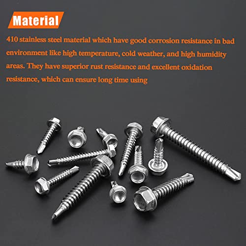 HELIFOUNER 320 Pieces #8#10#14 Hex Washer Head Self Drilling Sheet Metal Screws Assortment Kit, 410 Stainless Steel