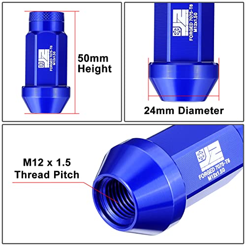 J2 Engineering J2-LN-T7-037-15-BL M12 x 1.5 T6-7075 Aluminum Closed End Lug Nuts w/Deep Drive Extension Adapter,Blue,24mm x 50mm