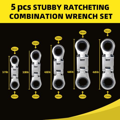 KJE 5PCS Stubby Metric 8-19mm Wrenches Set, 72-Tooth Flex Head Ratcheting Combination Wrench Set,Mini Wrench Set, Compact Double Box End Ratchet Wrench, for Tight Spaces