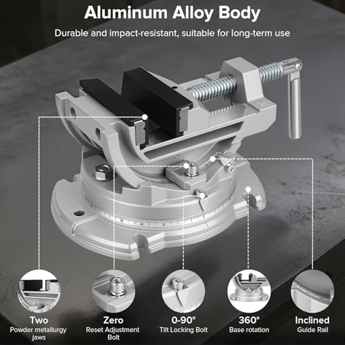 Multi-Angle Bench Clamp with Heavy-Duty Vise Function: 0-90° Tilt, 360° Swivel Base, 3" Jaw, Cast Iron & Powdered Metallurgy Jaws for Woodworking, Drilling, Milling DIY Silver