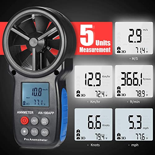 AIOMEST Bluetooth Anemometer Wind Meter with App, Portable Air Speed Meter AI-100APP with Data Logger, RLT System, Wind Gauge, Air Flow Meter, Carry Bag AI-100APP with Bluetooth app connection
