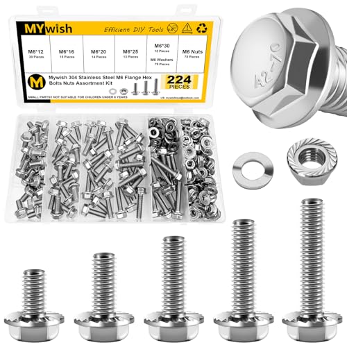 Mywish 10Sets M6 x 30mm Flat Head Hex Socket Cap Screws Bolts and Barrel Nuts Kit & 224Pcs M6 Bolt x 12/16/20/25/30mm, M6x1.0 Bolt, Flanged Hex Head Bolts with Flange Nuts Washers, 304 Stainless Steel
