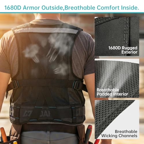 N NOAH Heavy-Duty Tool Vest for Men, Adjustable Size, 1680D Ballistic Fabric, Breathable Construction Vest with Reflective Stripes, Multi-Purpose Pockets for Electrician, Carpenter, Outdoor Activities