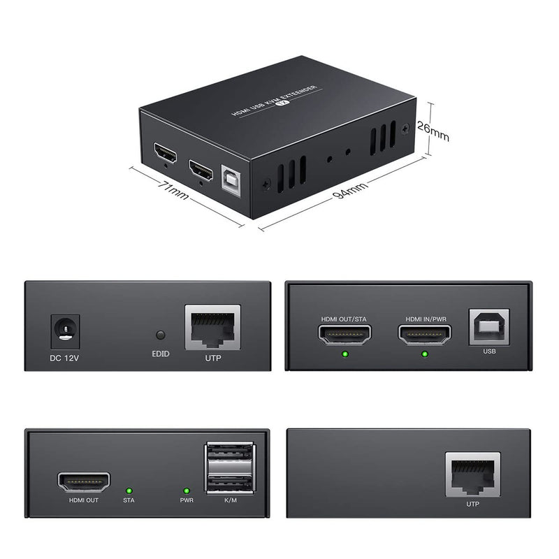 HDMI KVM USB Extender Transmit 1080p HD Video Over Cat5e/6 Ethernet Cable 50m (164ft) for Mouse and Keyboard Control Remote Signals