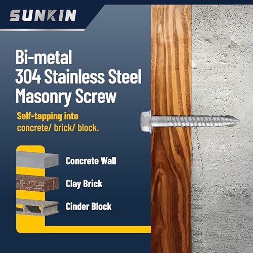 SUNKIN 60PCS Concrete Screws, Bi-Metal Stainless Steel 304, #14 x 1-5/8" Hex Head, Hardened Tip, for Masonry & Concrete, Outstanding Rustproof #14 x 1-5/8 inch