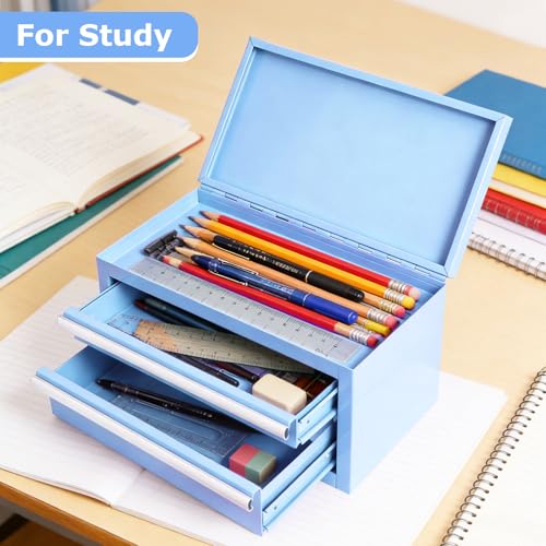 Mini Steel Tool Box with Drawers - Small Tool Chest for Small Item Storage Organizer - Portable Metal Toolbox Organizer with Tool Drawer (mini blue) mini blue
