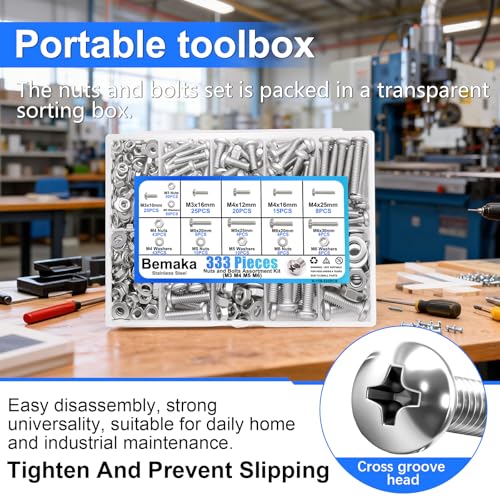 730Pcs Machine Screws Nuts and Bolts Assortment Kit, 304 Stainless Steel Bolts 16 Sizes #4-40#6-32#8-32#10-24 Phillips Pan Head Hardware Screws + 333Pcs Machine Screws
