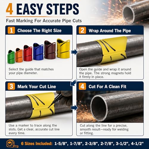 6-Pack Metal Pipe Cutting Guide Kit - Suitable Pipe Diameters 1-5/8", 1-7/8", 2-3/8", 2-7/8", 3-1/2", 4-1/2" | Markable 22.5°, 45°, 90° | Cross & Saddle Cuts | Anti-Shift Magnetic Liner 6-pack