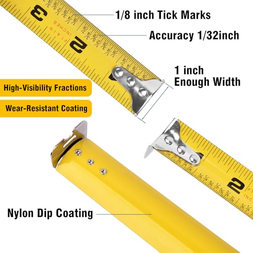 5 Pack Tape Measure 25 ft, Easy Read Measuring Tape with Fractions 1/8, Retractable 25-Foot by 1-Inch Blade with Durable Coating & Impact-Resistant Case for Contractors & DIY