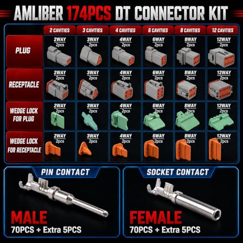 174Pcs 12 Kits DT Connector Kit With Ratcheting Wire Crimper for Deutsch Connector, 2 3 4 6 8 12 Pin Connectors Automotive Electrical Connectors With Size 16 Stamped Contacts IP68 Waterproof