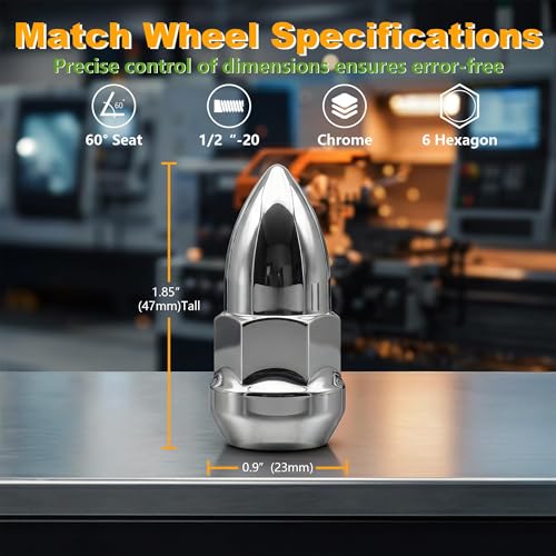 [BRONEVO] 20pc 1/2-20 Lug Nuts 19mm Hex - 1.85" Extended Chrome Acorn Nuts for Aftermarket Wheels - Replacement for Jeep Wrangler JK TJ, Ford Mustang - 60 Degree Conical Seat