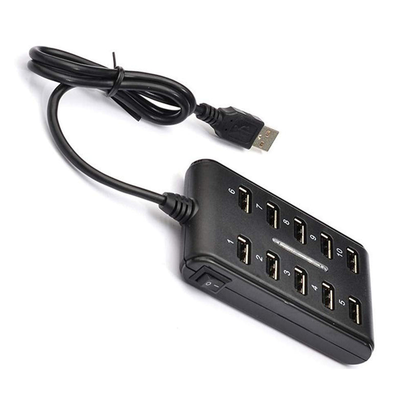 Xiaokeis 10-Port USB 2.0 Hub - Powered, Portable with Fashion Appearance, Suitable for Household Usage, Mini USB Port Can be Space Saving (Black) Black