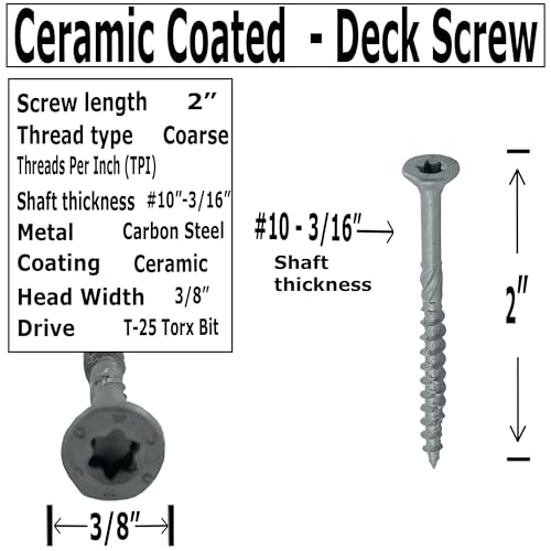 #10 x 2 Ceramic Coated Deck Screws, Length, T25 Drive, Rust Resistant, Grey Color, Qty (250) 250