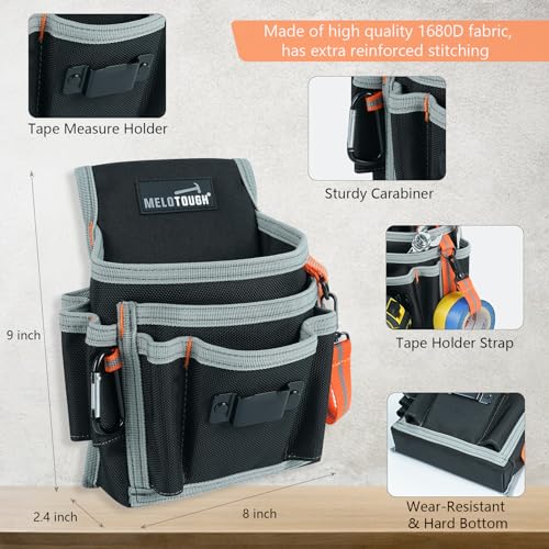 MELOTOUGH Electrician Tool Pouch Lightweight Belt Organizer with Tape Holder & Speed Square Slot for Wiring + Electrician Tool Pouch with Belt Clip, 2 Inch Heavy Duty Work Belt Set for Men