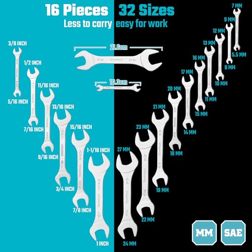 DURATECH Super-thin Open End Wrench Set, 16-Piece, Slim Wrench Set EVA Tray