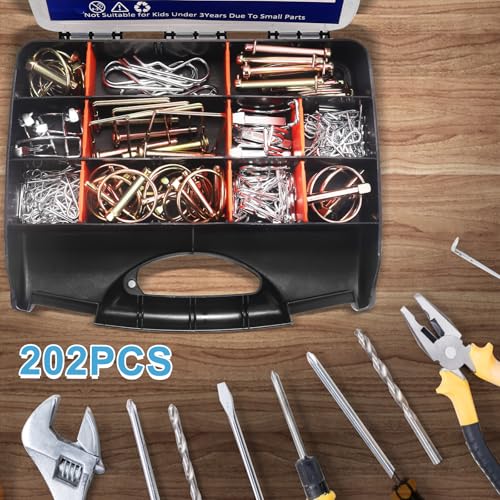 202PCS Hitch Pins, Standard Galvanized Steel 15 Sizes Hitch Pin Clip Pin Linch and PTO Pins Assortment Kit Fit for Trailers, Tractors, Trucks, Towing Mowings, Farm Equipments, Snow Plows, Lawn Mower 202PCS