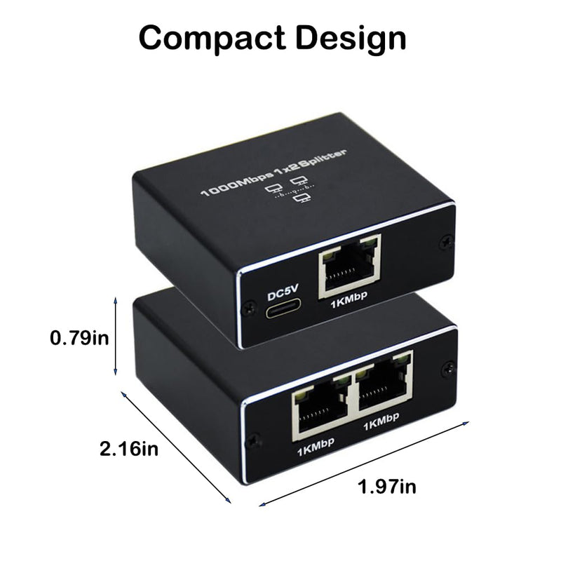 Gigabit Ethernet Splitter, RJ45 Network 1 to 2 Port High Speed [2 Devices Simultaneously Networking], 1000Mbps LAN Splitter with USB Power Cable for Cat 5/5e/6/7/8 Cable
