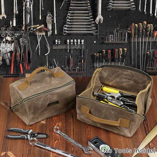 Heavy Duty Tool Storage Organizer, Tool Pouch with Metal Zipper + Handle, 16 OZ Waxed Canvas Tool Bag | 3-Pack | 9.5"L x 5.5"W x 5.5"H (Closed) - Grey 3-Piece