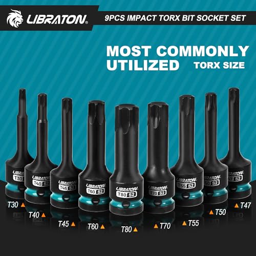 LIBRATON Impact Torx Bit Socket Set, 1/2" Drive, S2 Steel, T30-T80, 9PCS 9PCS Torx