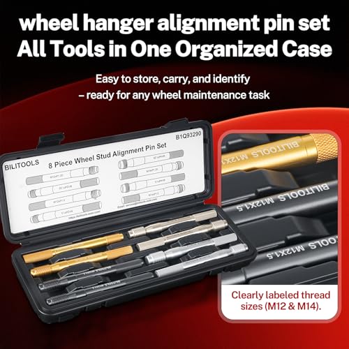 BILITOOLS 8 Piece Master Wheel Hanger Alignment Pin Set, Carbon Steel Wheel Stud Pilot Pins for Lug Bolt Vehicles, M12x1.25, M12x1.5, M14x1.25, M14x1.5