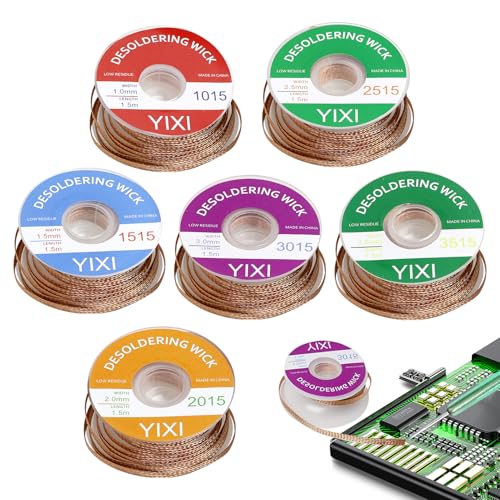 Desoldering Wire, No-Clean Soldering Braid, 1.5 m Copper Wire, Pack of 6 | 1.0/1.5/2.0/2.5/3.0/3.5 mm for desoldering, desoldering wick for removing solder and disassembling electrical components
