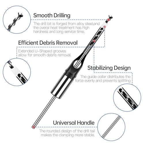 HUHAO 5Pcs Square Hole Drill Bit Set,HSS High Speed Steel Square Hole Saw Mortise Chisel Drill Bit Tools 1/2", 1/4", 3/8", 5/16", 7/16" Fit for Mortising Machines Drill 5pc