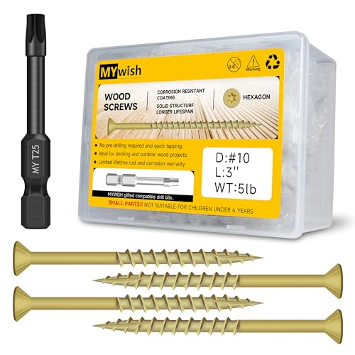 Mywish (10Sets) 3/8" x 3" Hex Head Lag Bolts & 319Pcs Wood Screws #10 x 3 5lb Box, Deck Screws 3 Inch, Outdoor Construction Screws, Long Epoxy Coated Lag Screws, Heavy Duty Lag Screws with Washers