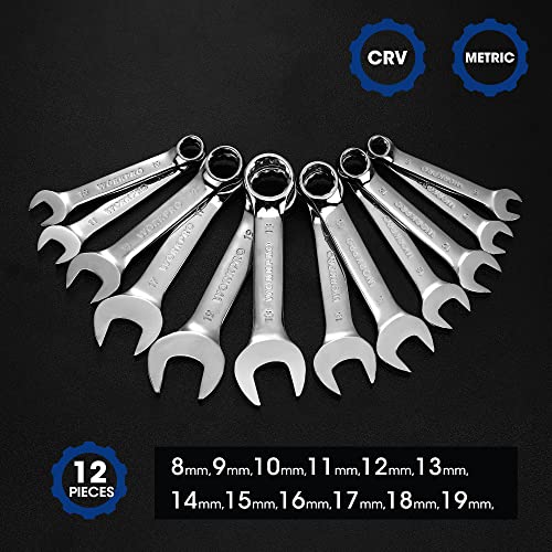 WORKPRO 12PCS Stubby Combination Wrench Set with Storage Box, Metric 8-19mm Combination Wrenches
