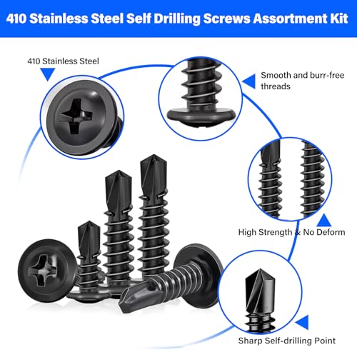 450PCS Self Tapping Screws for Metal, 410 Stainless Steel Self Drilling Screws #8#10 Truss Head Sheet Metal Screws Assortment Kits, Length 1/2"" to 1-1/4'' (Black) Black