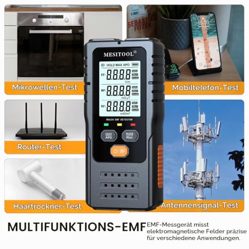 EMF Meter EF/MF/RF 3-in-1 Electromagnetic Field Meter Digital Electromagnetic Radiation Detector Radiation Detector for Home, Office grey