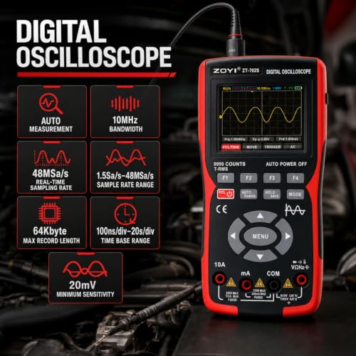 702S 2 in 1 Handheld Automotive Oscilloscope Multimeter - 10MHz Bandwidth 48MS/s Sampling Rate,Auto-Ranging 9999 Counts T-RMS Multimeter with Temperature Tester for Electronics Repair Test