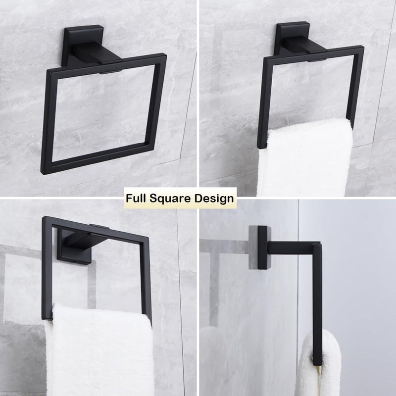 Matte Black Hand Towel Holder for Bathroom SUS 304 Stainless Steel Towel Ring Simple Square Towel Hanger Heavy Duty Hand Towel Racks Wall Mount