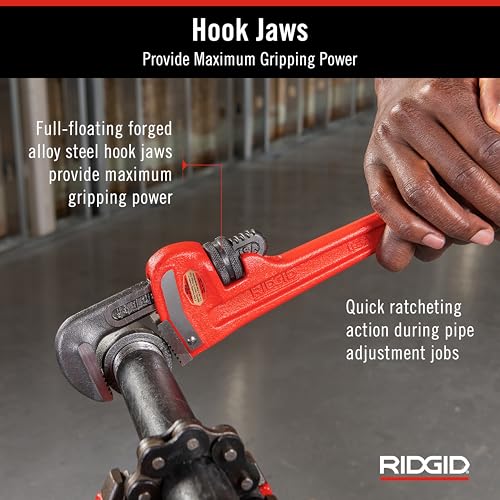 RIDGID 31015 Heavy-Duty Straight Pipe Wrench, 12" Sturdy Plumbing Wrench with Self Cleaning Threads and Hook Jaws, Red, Small 12" Durable