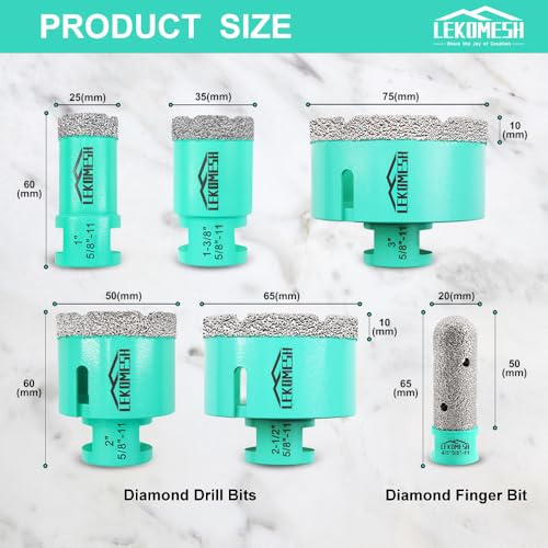 Diamond Core Drill Bits Set 6pcs Tile Hole Saw Kit for Porcelain Tile Ceramic Marble Brick Concrete with 5/8-11 Thread(25/35/50/65/75mm+20mm Finger Bit)