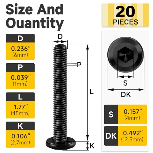 Mywish M6 x 45mm 20Pcs Flat Head Hex Socket Cap Screws Bolts & 159Pcs M6 Screw Metric Screw Assortment, M6 Socket Head Cap Screw Metric Bolts Assortment, Furniture Bolts, Black Oxide & Hex Spanner