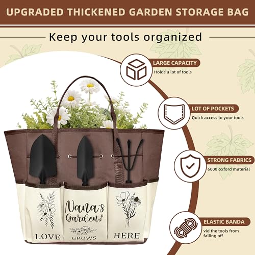 Nana Gifts, Garden Kit Gifts for Nana Mothers Day from Grandkids Gardening Tools and Durable Garden Tools Organizer Tote, Ideal Gardening Set for Women on Plant Lover Birthday Present Brown