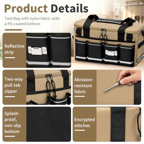 14-Inch Heavy Duty Tool Bag, 17 Pocket Tool Box Organizer Khaki