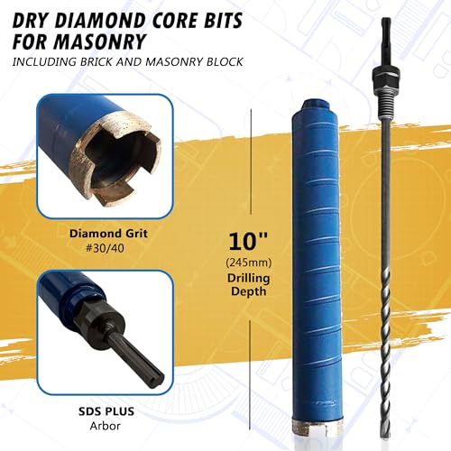 2-1/2" Dry Diamond Core Bit w/Pilot for Brick & Block, SDS Plus 2-1/2 in 9.5" Length + Pilot Bit - Dry