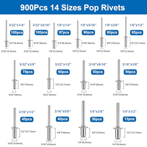 Click to See Full View Ask Rufus smseace 900Pcs Pop Rivets Assortment Kit 14-Sizes SAE (3/32 inch1/8 inch5/32 inch3/16 inch1/4 inch) Assorted Blind Rivets for Metal,Furniture,Automotive,Instrument