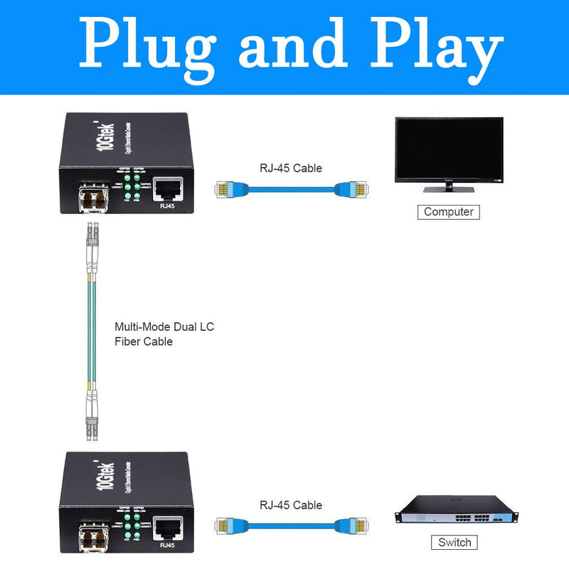 30m OM3 LC to LC Fiber Cable with 1 Pair of Fiber to Ethernet Media Converter, Gigabit Multimode SFP LC Converter, 1000Base-SX to 10/100/1000M RJ45, MMF, 850nm, up to 500m