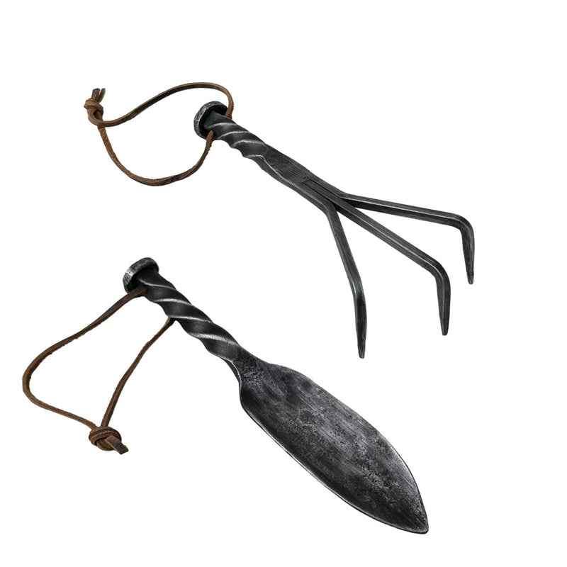 Hand Forged Twisted Metal Garden Tools Set of 2 Pcs Wrought Iron Handmade Garden Transplant Trowel and Rack Tools for Garden Cultivator Black Antique Finish Heavy Duty Garden Tools by Living IDEA