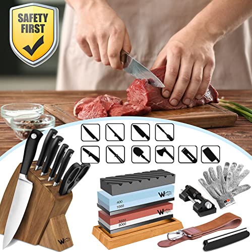 Knife Sharpening Stone Kit – 400/1000 3000/8000 Grit Wet Kitchen Whetstone Knife Sharpener Set with Non-slip Bamboo Rubber Base, Angle Guide, Flattening, Leather Strop and Cut Resistant Gloves 12 in 1