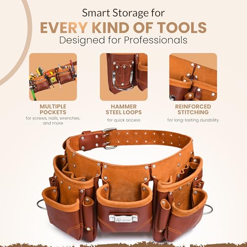 Ap-Leather Real cowhide oil tanned Leather Tool Belt framer Set for Men Carpenters, Framers,Construction Work (Leather Tool Belt with Suspender Maroon) (Maroon Tool Belt) Maroon Tool Belt