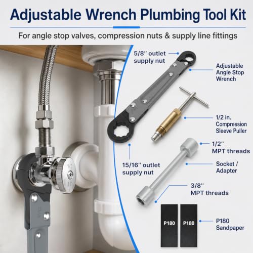 HOLDLY Angle Stop Wrench Kit with 1/2-Inch Compression Sleeve Puller Silver Gray