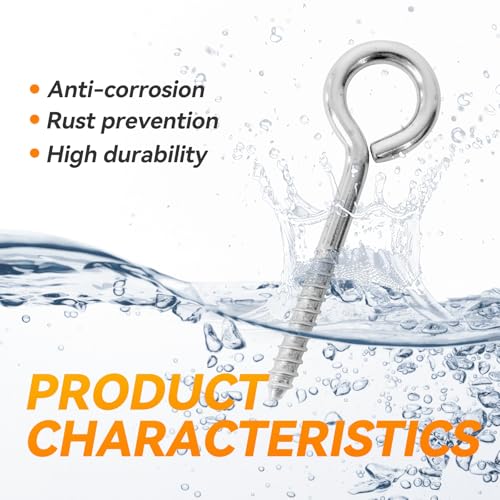 8Pcs 6 Inch Heavy Duty Screw Eyes Hooks, 304 Stainless Steel Self Tapping Eyelet Screw Eye Bolts,800LBS Breaking Strength, Screw in Eye Hooks for Wood Securing Cables Wire. (8, M10-6 Inch) 8
