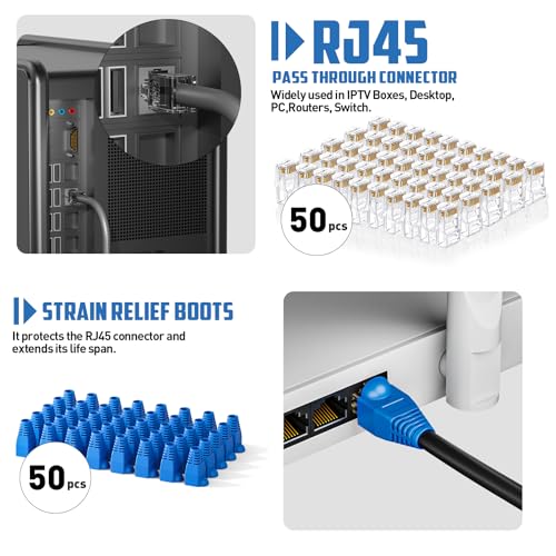 Pass Through RJ45 Crimp Tool Kit Cat 6 Cat 5E Cat 5 Ethernet Crimper Kit RJ45 Crimping Tool with Network Cable Tester, Mini Cable Stripper, 50 Pcs Cat6 Connectors and Strain Relief Boots 103